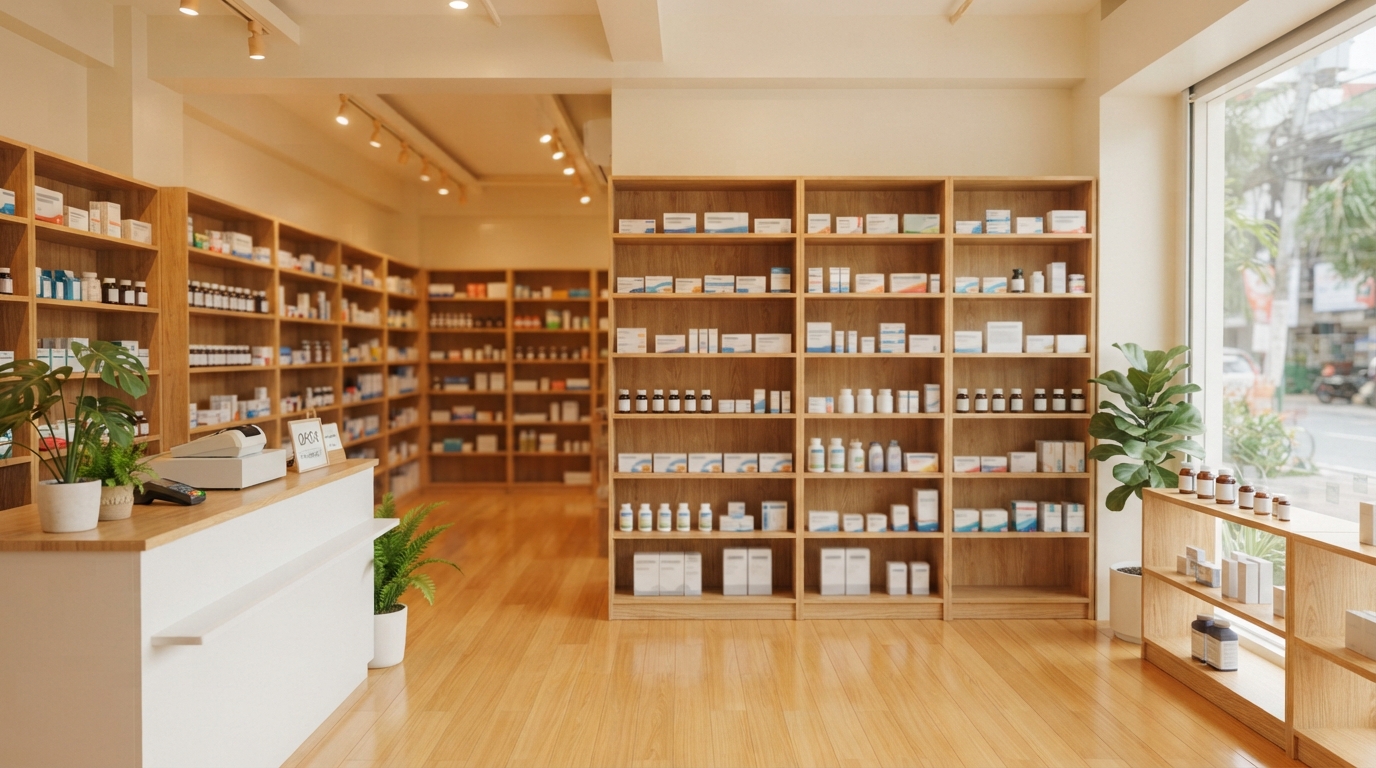 Shelves of medicines and supplies inside a pharmacy